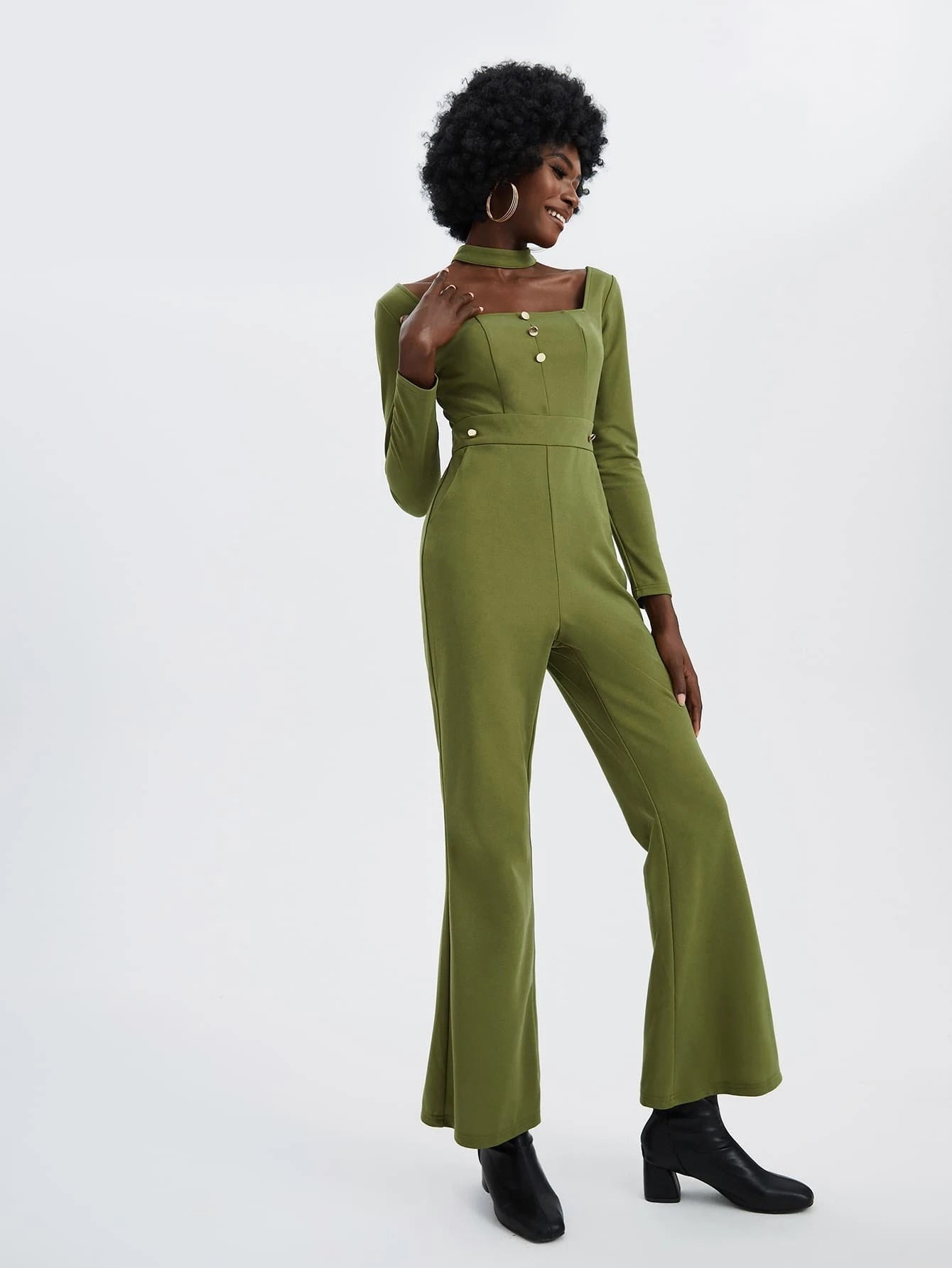 CM-JS706737 Women Elegant Seoul Style Square Neck Button Detail Flare Leg Jumpsuit