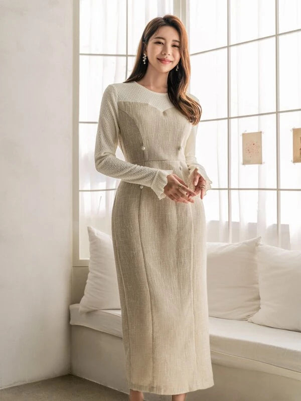 CM-DS164452 Women Elegant Seoul Style Zip Back Split Hem Fitted Dress - Apricot