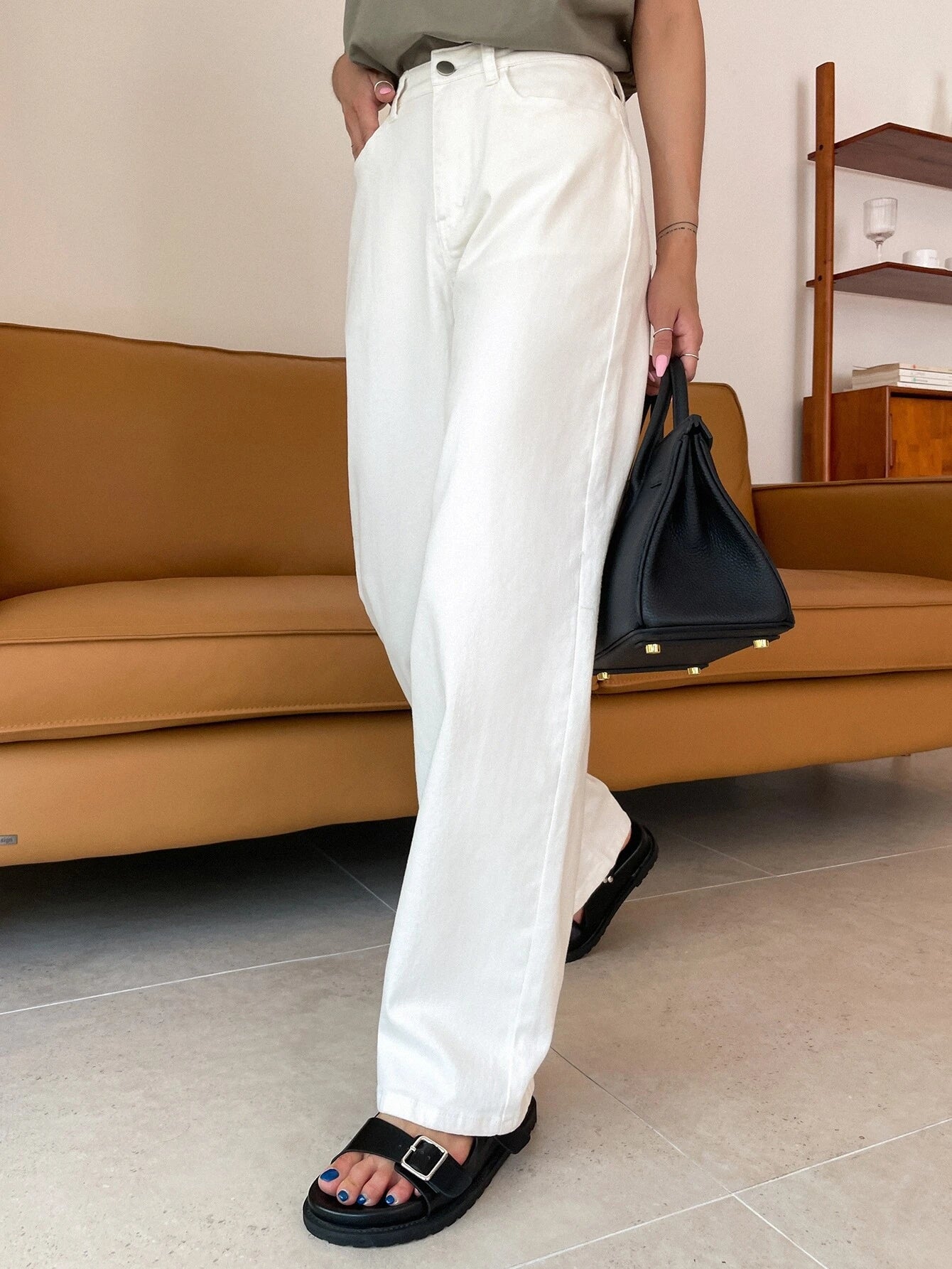 CM-BS602111 Women Casual Seoul Style High Waist Wide Leg Jeans - White