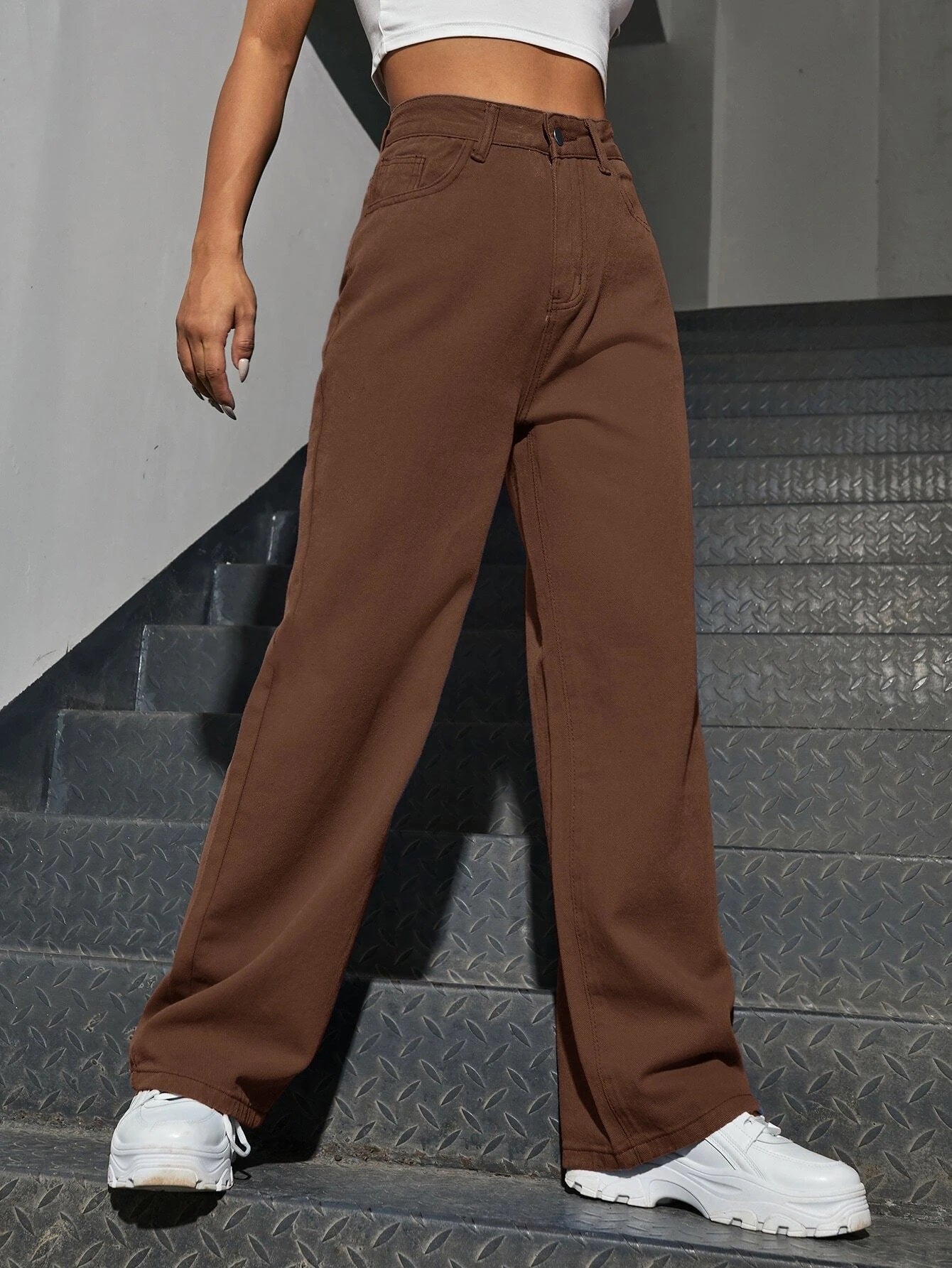 CM-BS617510 Women Preppy Seoul Style Slant Pocket High Waist Boyfriend Jeans - Brown