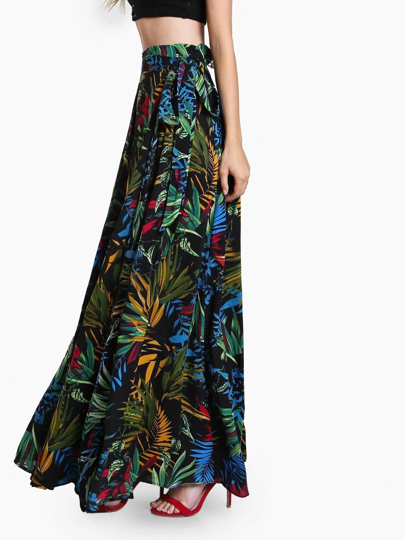 CM-BS515701 Women Trendy Bohemian Style Tropical Print Self Tie Wrap Skirt