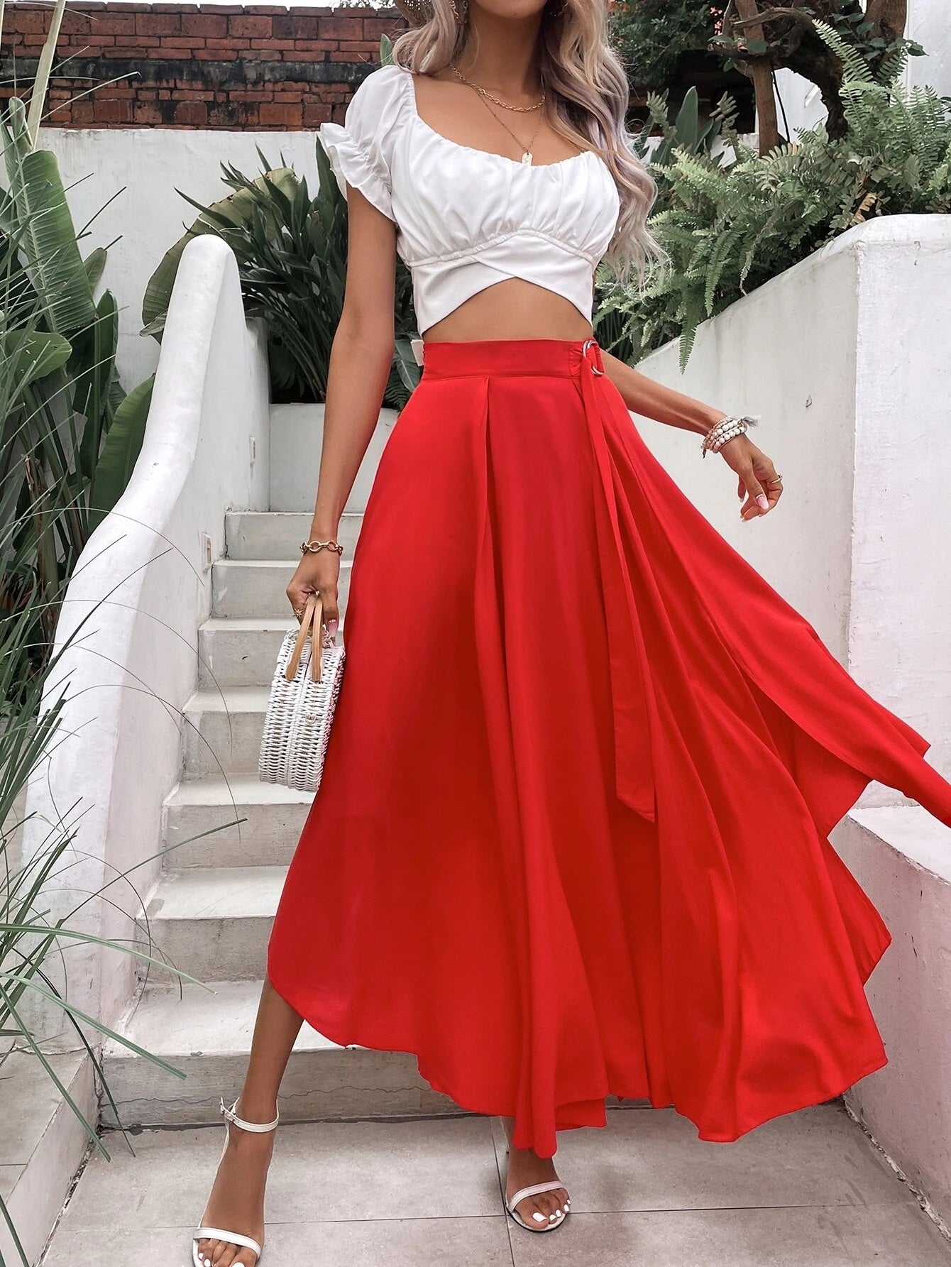 CM-BS718198 Women Trendy Bohemian Style Solid Split Hem Ring Detail Skirt - Red