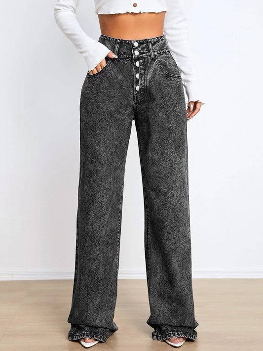 CM-BS607517 Women Preppy Seoul Style High Waist Button Fly Straight Leg Jeans