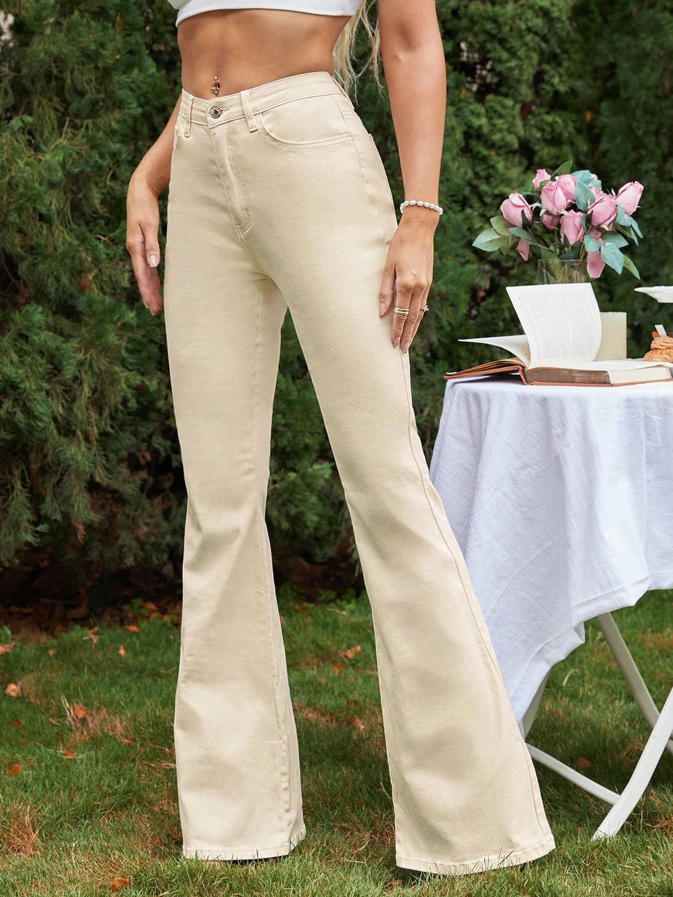 CM-BS944297 Women Casual Seoul Style Zip Fly Flare Leg Jeans - Beige