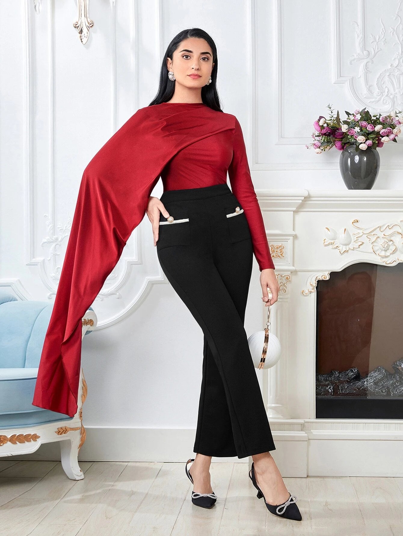 CM-TS083138 Women Elegant Seoul Style Lettuce Trim Asymmetrical Split Sleeve Top - Burgundy
