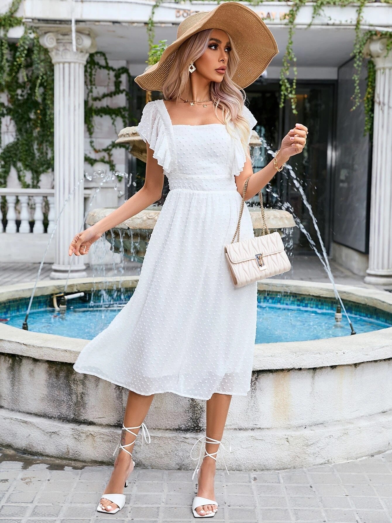 CM-DS493993 Women Trendy Bohemian Style Swiss Dot Ruffle Trim A-Line Dress - White