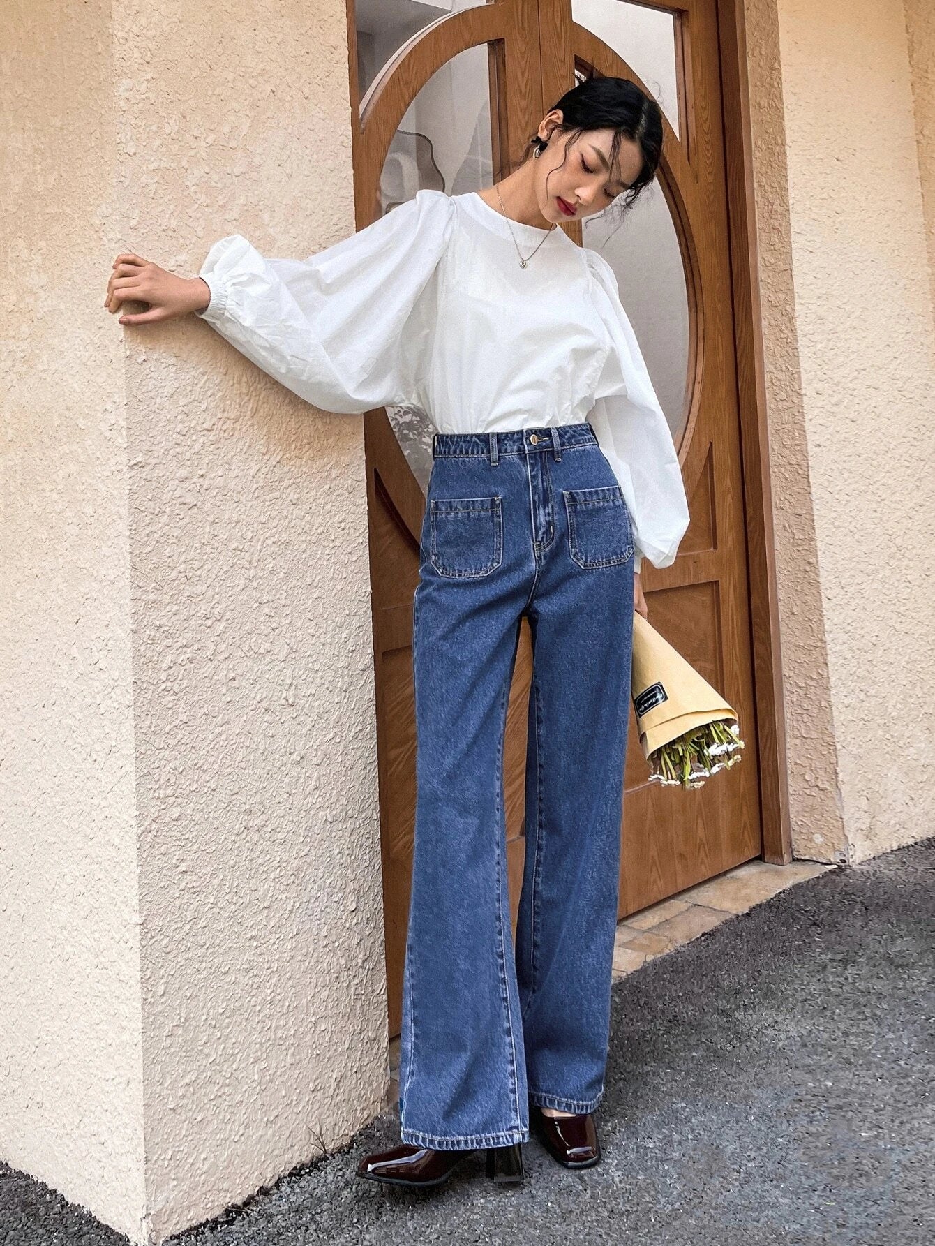 CM-BS672088 Women Casual Seoul Style High Waist Dual Pocket Straight Leg Jeans