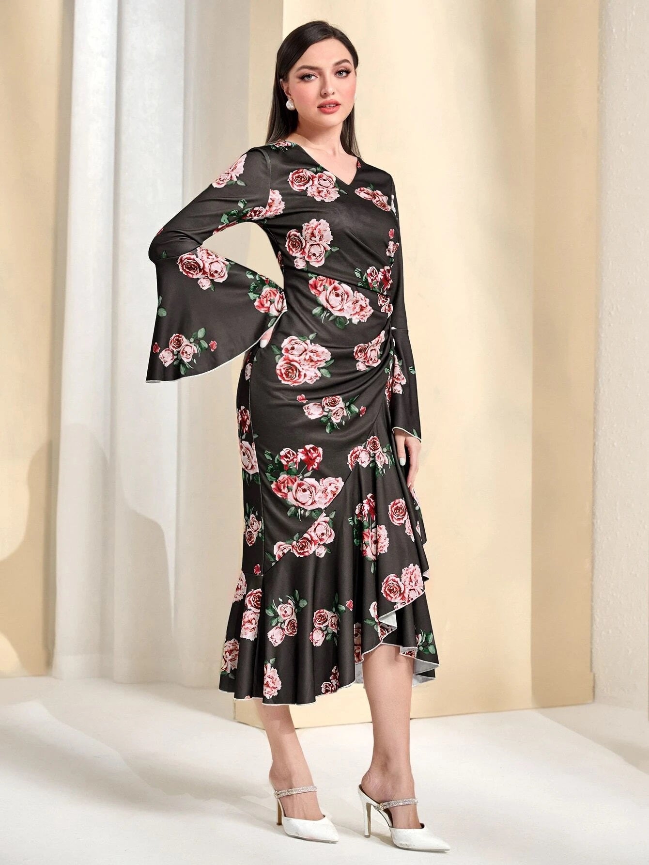 CM-DS991899 Women Elegant Seoul Style Floral Print Flounce Sleeve Ruched Ruffle Hem Dress