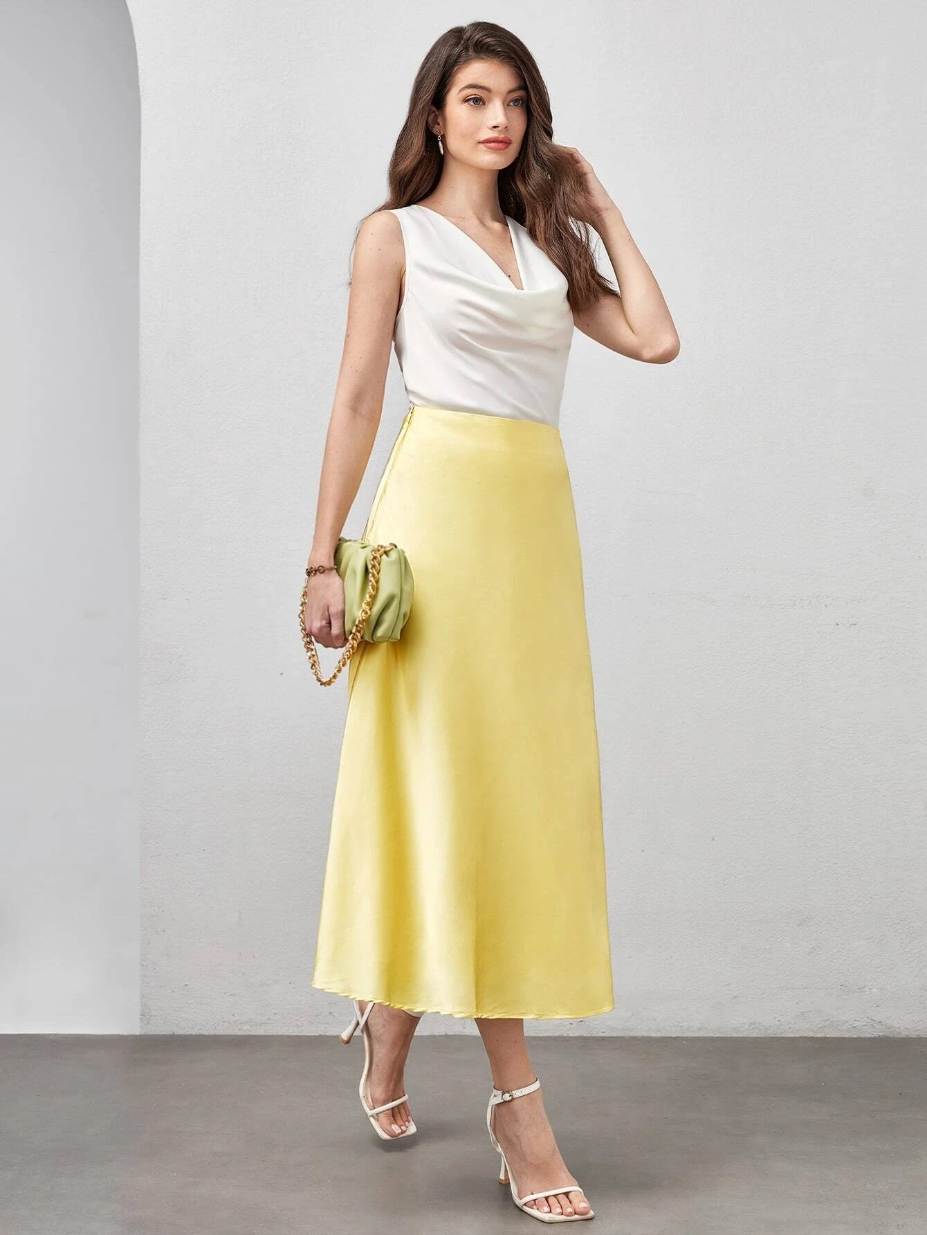 CM-BS729985 Women Elegant Seoul Style High Waist Solid Satin A-Line Skirt - Yellow