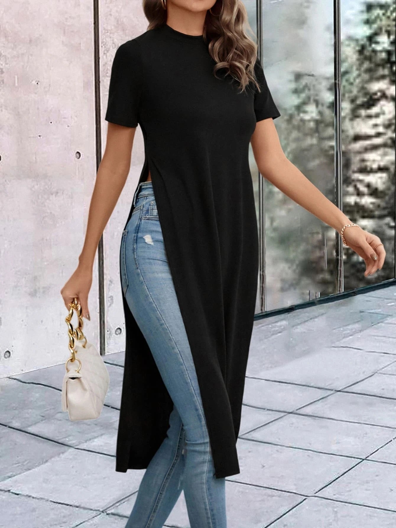 CM-TS127011 Women Casual Seoul Style Solid Split Thigh Longline Tee - Black