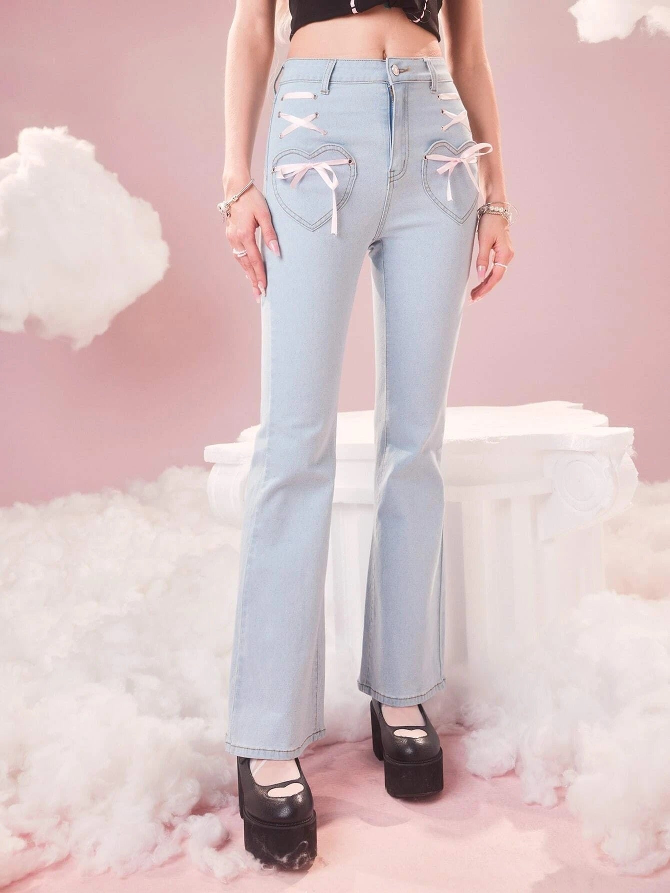 CM-BS756998 Women Casual Seoul Style Sweetness Bow Decor Flare Leg Jeans