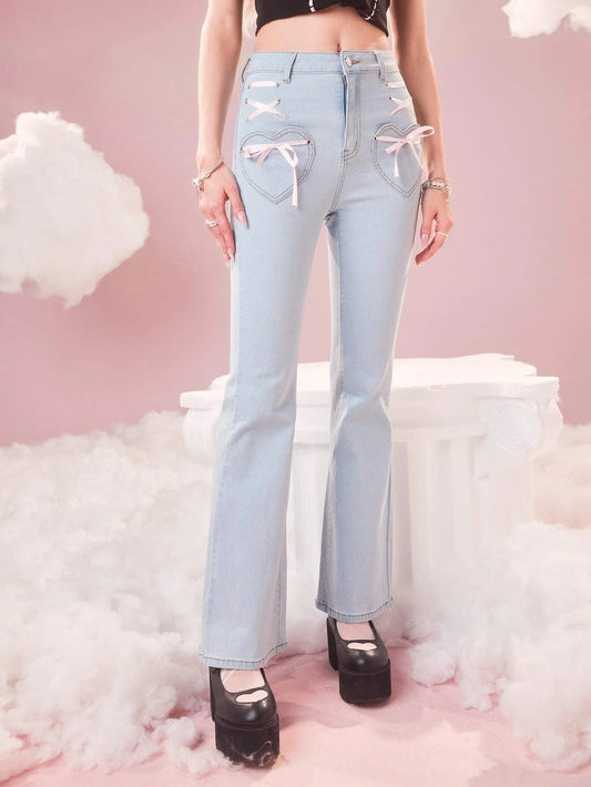 CM-BS756998 Women Casual Seoul Style Sweetness Bow Decor Flare Leg Jeans