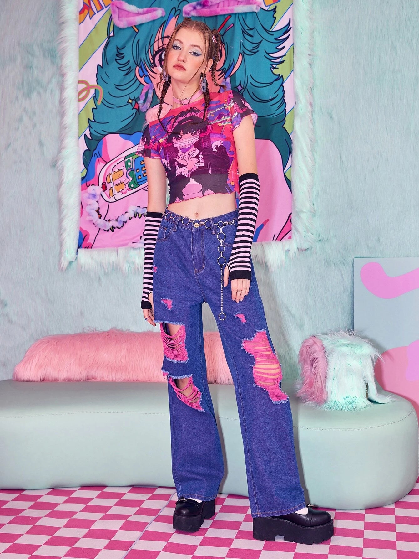 CM-BS896266 Women Elegant Seoul Style Dark Wash Ripped Straight Leg Jeans