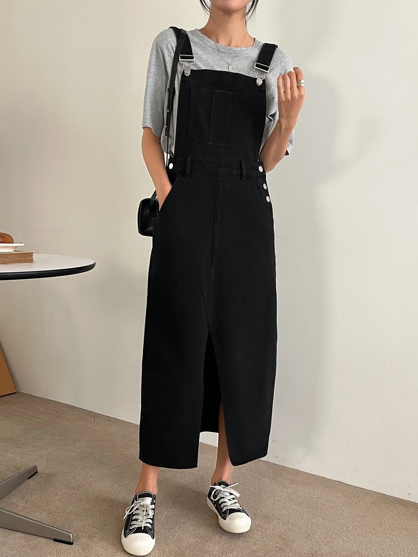 CM-DS100011 Women Preppy Seoul Style Slant Pocket Split Hem Overall Dress - Black