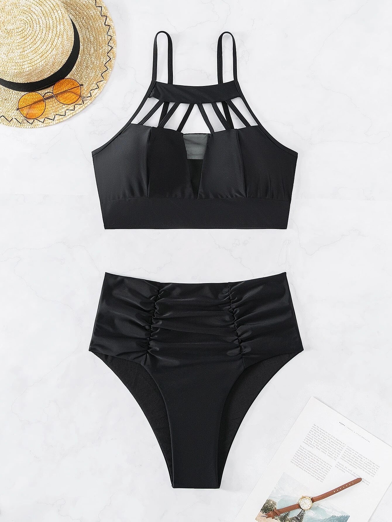 CM-SWS618353 Women Trendy Seoul Style Cut-Out Ruched High Waisted Bikini Swimsuit