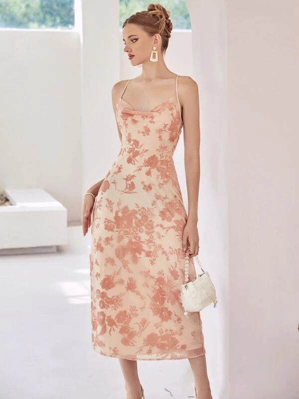 CM-DS546881 Women Casual Seoul Style Floral Print Criss Cross Back Draped Cami Dress
