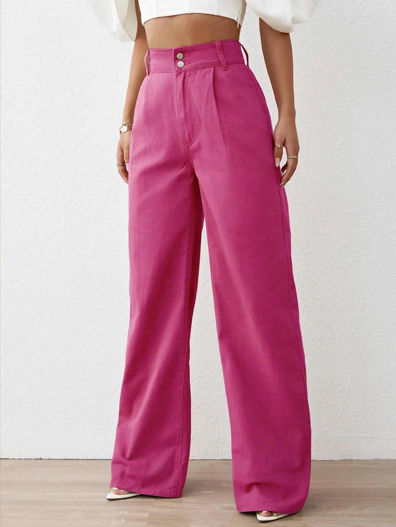 CM-BS959569 Women Preppy Seoul Style Solid High Waist Wide Leg Jeans - Hot Pink