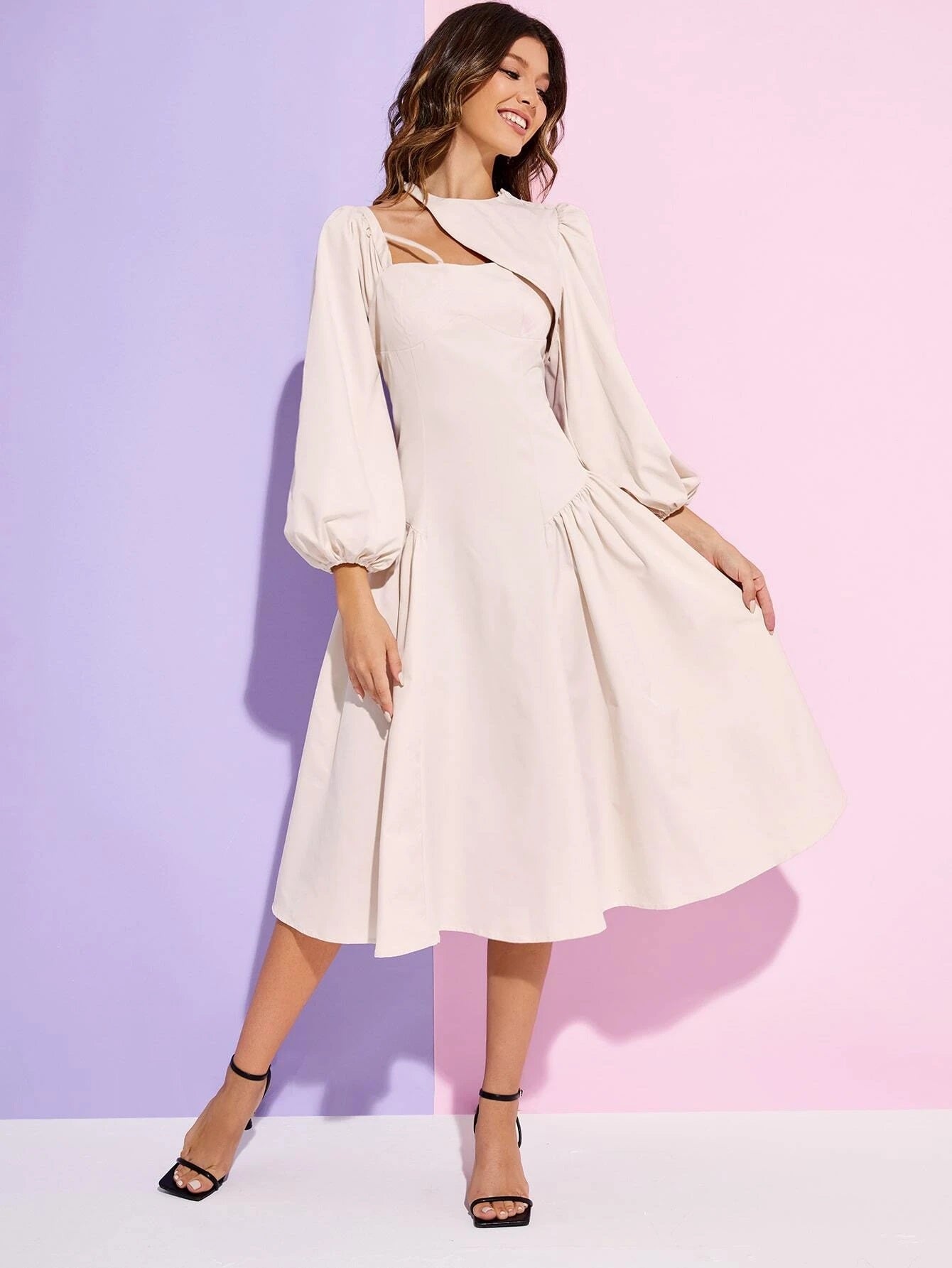CM-DS214721 Women Casual Seoul Style Asymmetrical Neck Bishop Sleeve Flared Hem Dress