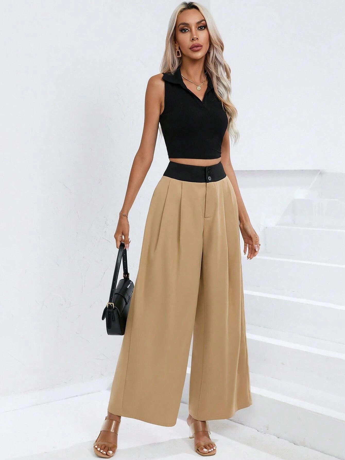 CM-BS166332 Women Trendy Bohemian Style High Waist Plicated Detail Wide Leg Pants - Khaki