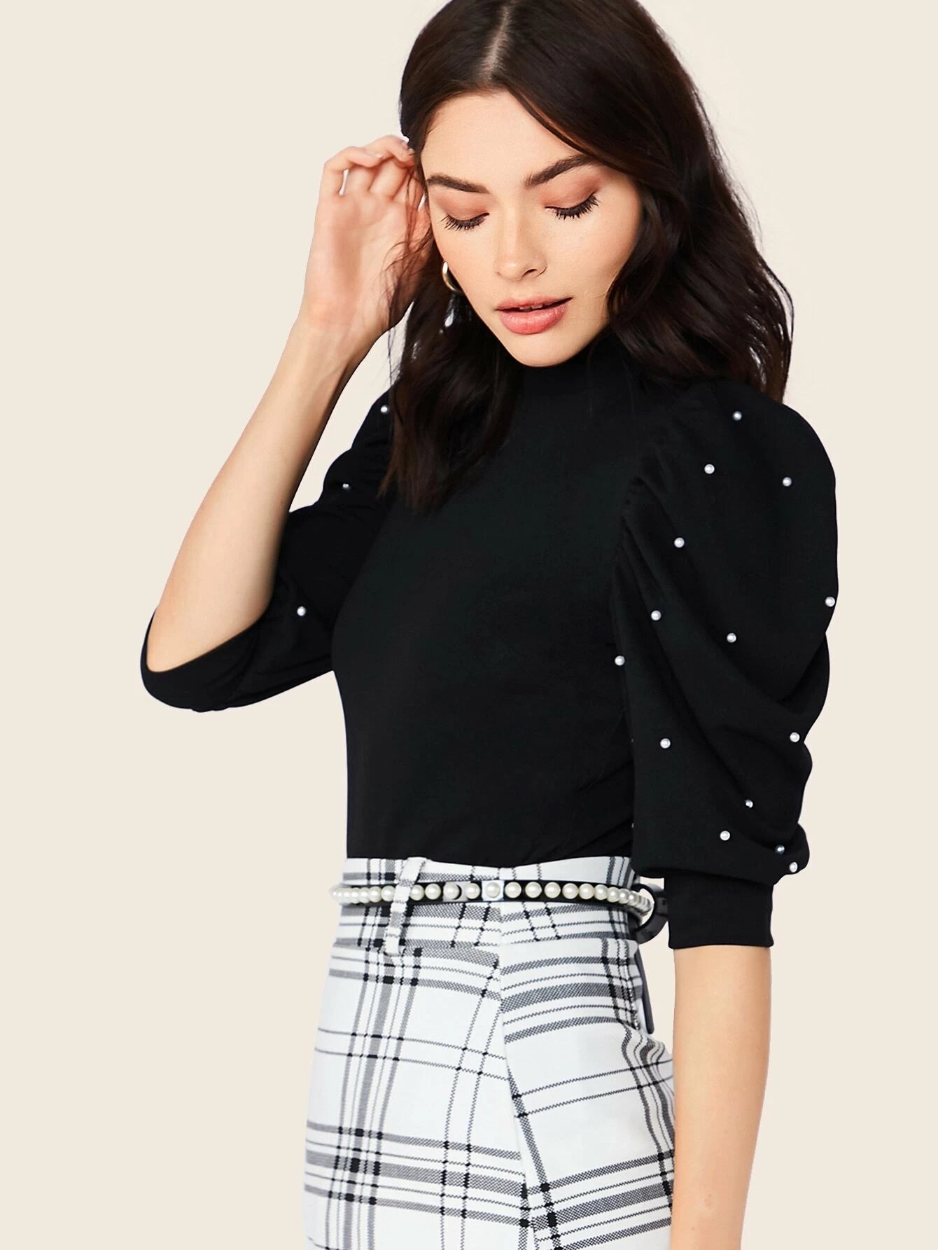 CM-TS625086 Women Casual Seoul Style Keyhole Back Pearls Beaded Puff Sleeve Top