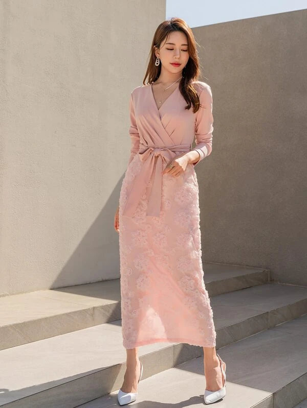 CM-DS788218 Women Elegant Seoul Style Floral Jacquard Split Back Belted Dress - Pink