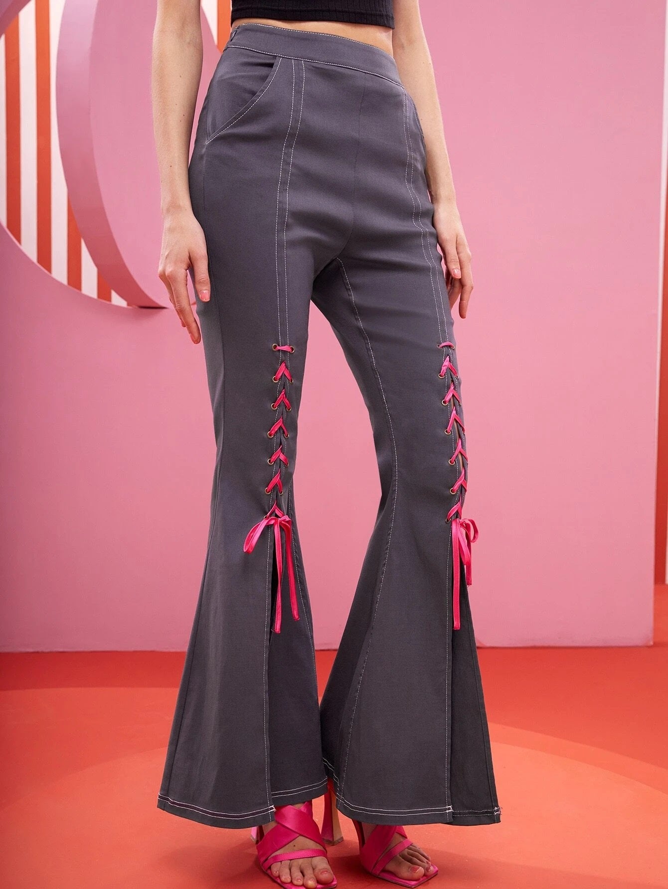 CM-BS231122 Women Casual Seoul Style Lace Up Front Split Hem Flare Leg Pants - Dark Gray