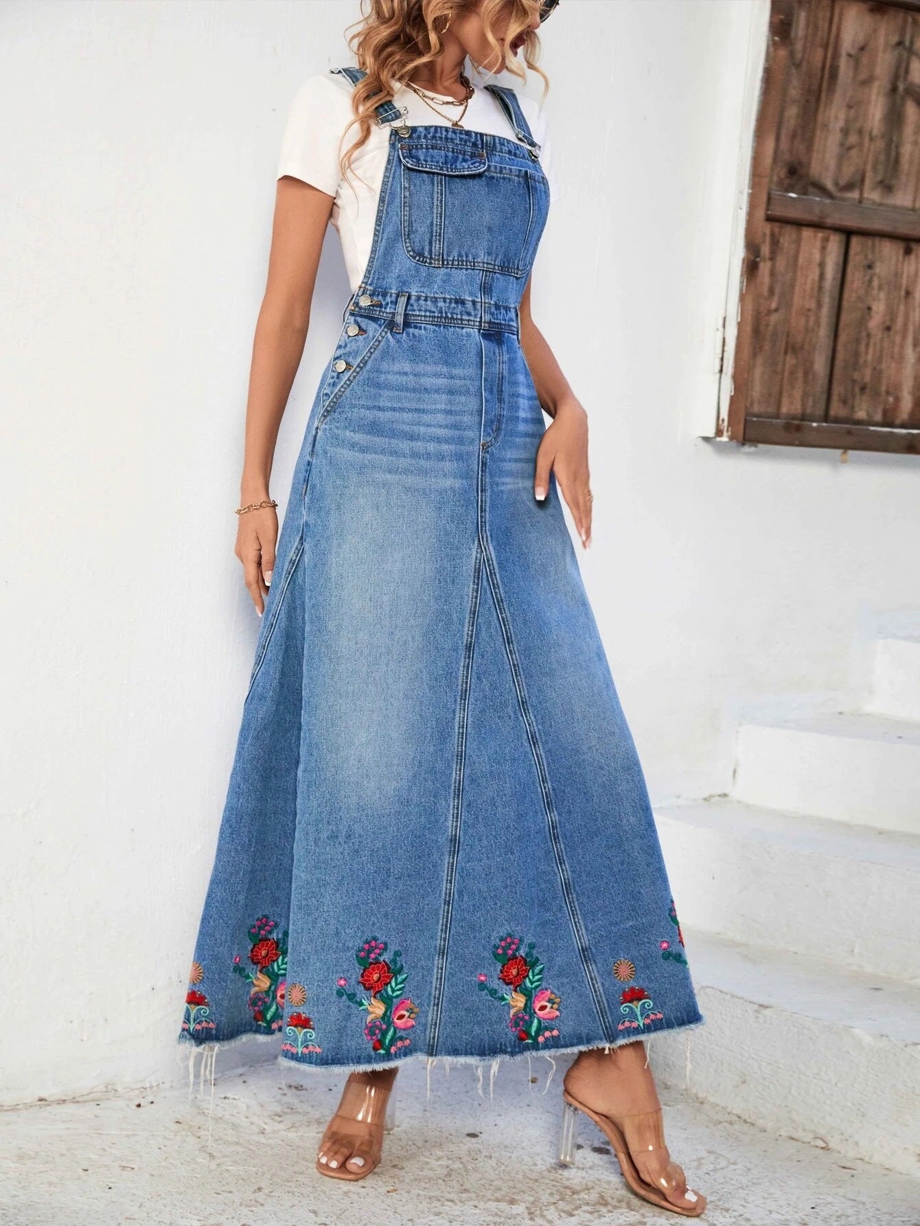 CM-DS652111 Women Preppy Seoul Style Light Wash Floral Embroidery Flap Pocket Denim Dress