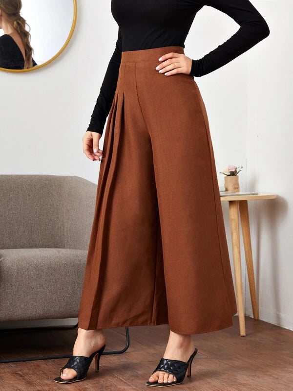 CM-BS903850 Women Elegant Seoul Style Fold Pleated Detail Wide Leg Pants - Rust Brown