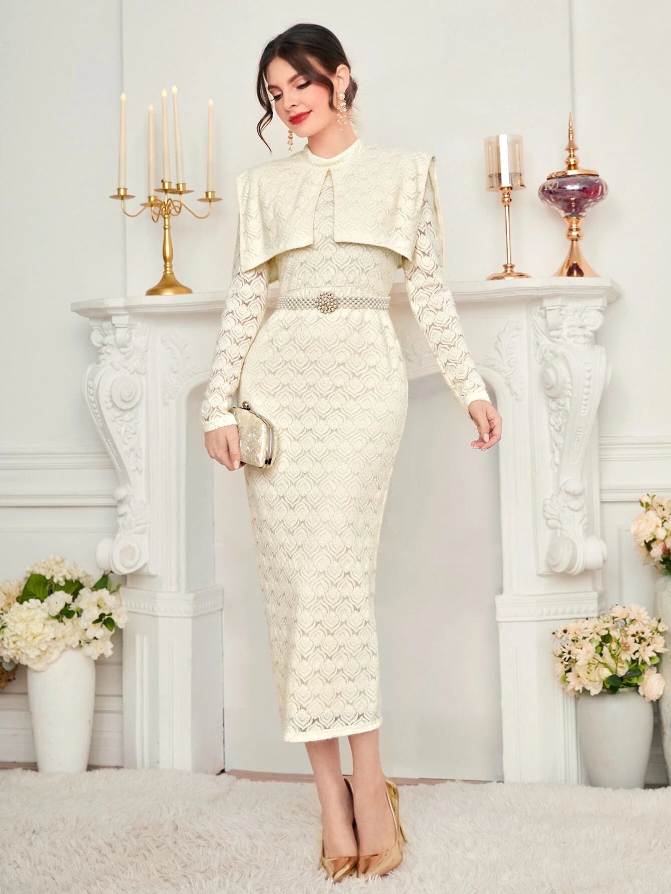 CM-DS888011 Women Elegant Seoul Style Foldover Front Split Back Lace Overlay Dress
