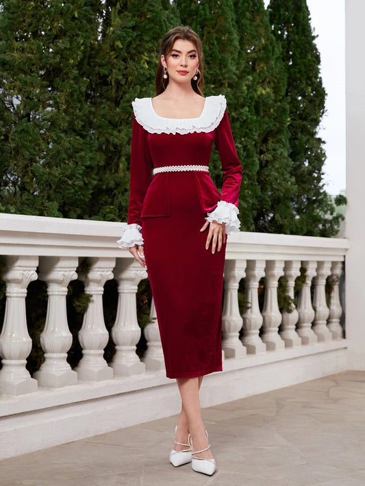 CM-DS323039 Women Elegant Seoul Style Contrast Ruffle Trim Flounce Sleeve Split Back Velvet Dress