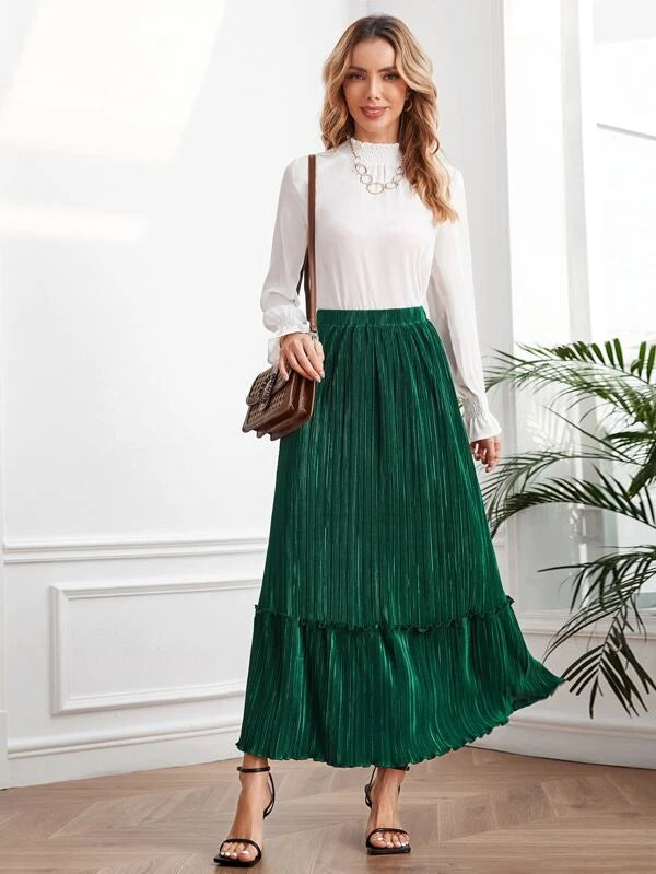 CM-BS421631 Women Casual Seoul Style High Waist Ruffle Hem Pleated Skirt