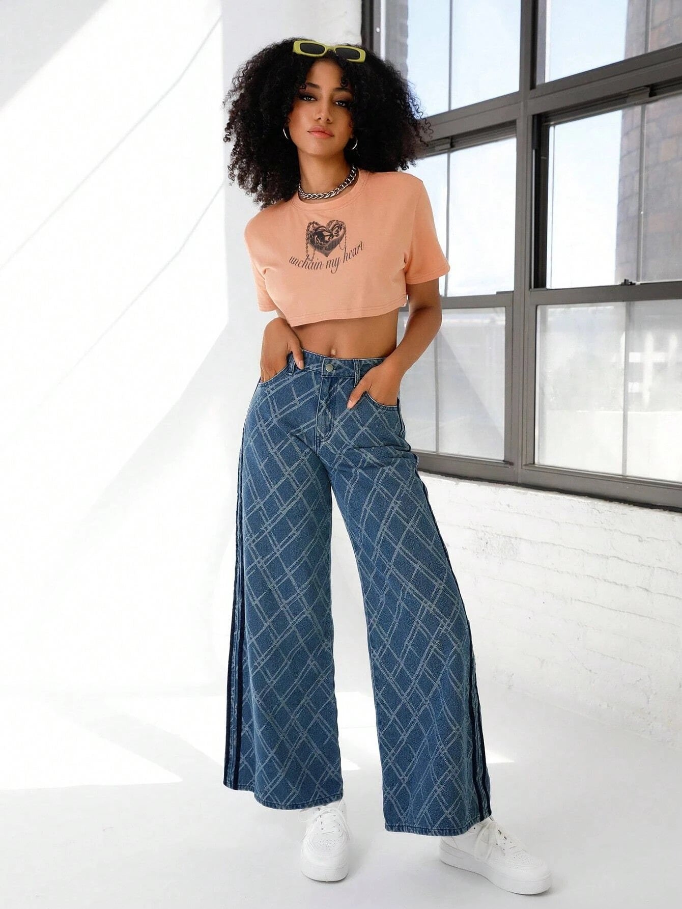 CM-BS353786 Women Preppy Seoul Style Medium Wash Geometric Print Wide Leg Jeans