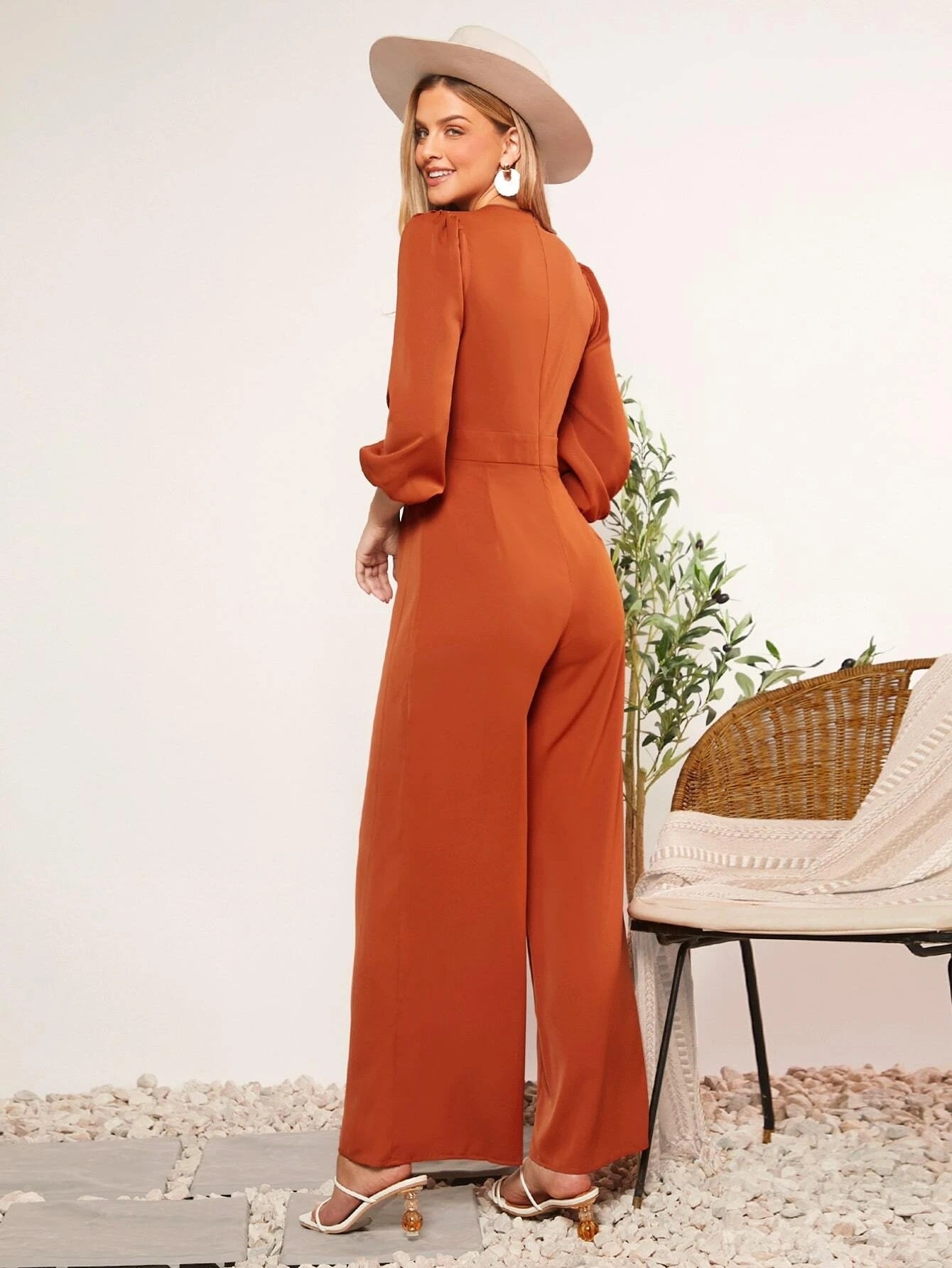 CM-JS512998 Women Elegant Seoul Style V-Neck Lantern Sleeve Wide Leg Jumpsuit - Orange