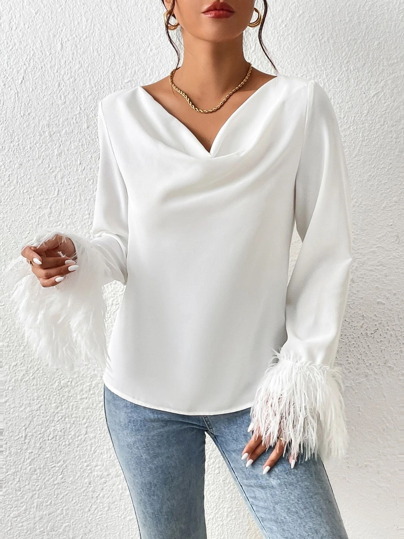 CM-TS577189 Women Elegant Seoul Style Draped Collar Fuzzy Cuff Blouse - White