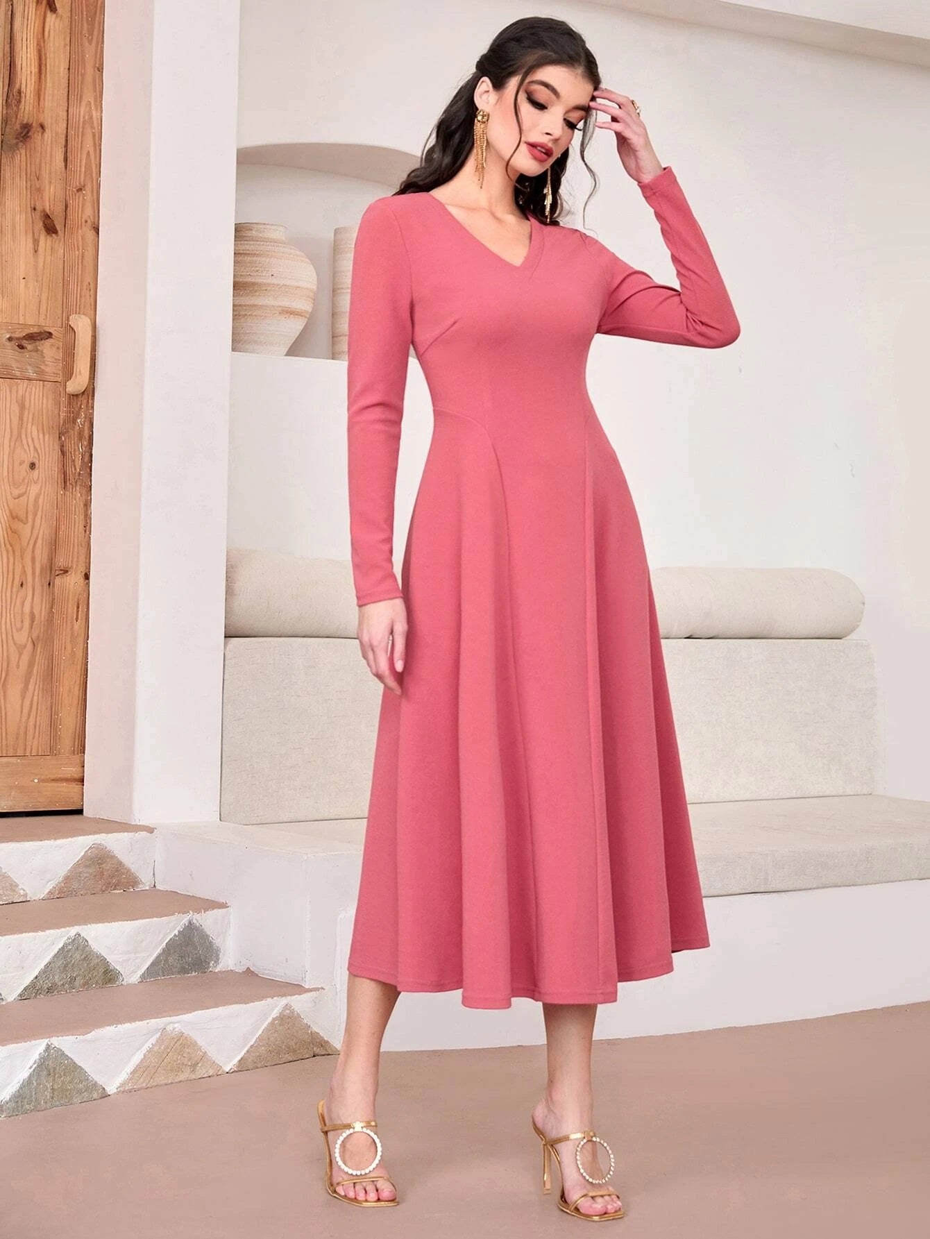 CM-DS961888 Women Elegant Seoul Style V-Neck Long Sleeve Flare Dress - Watermelon Pink