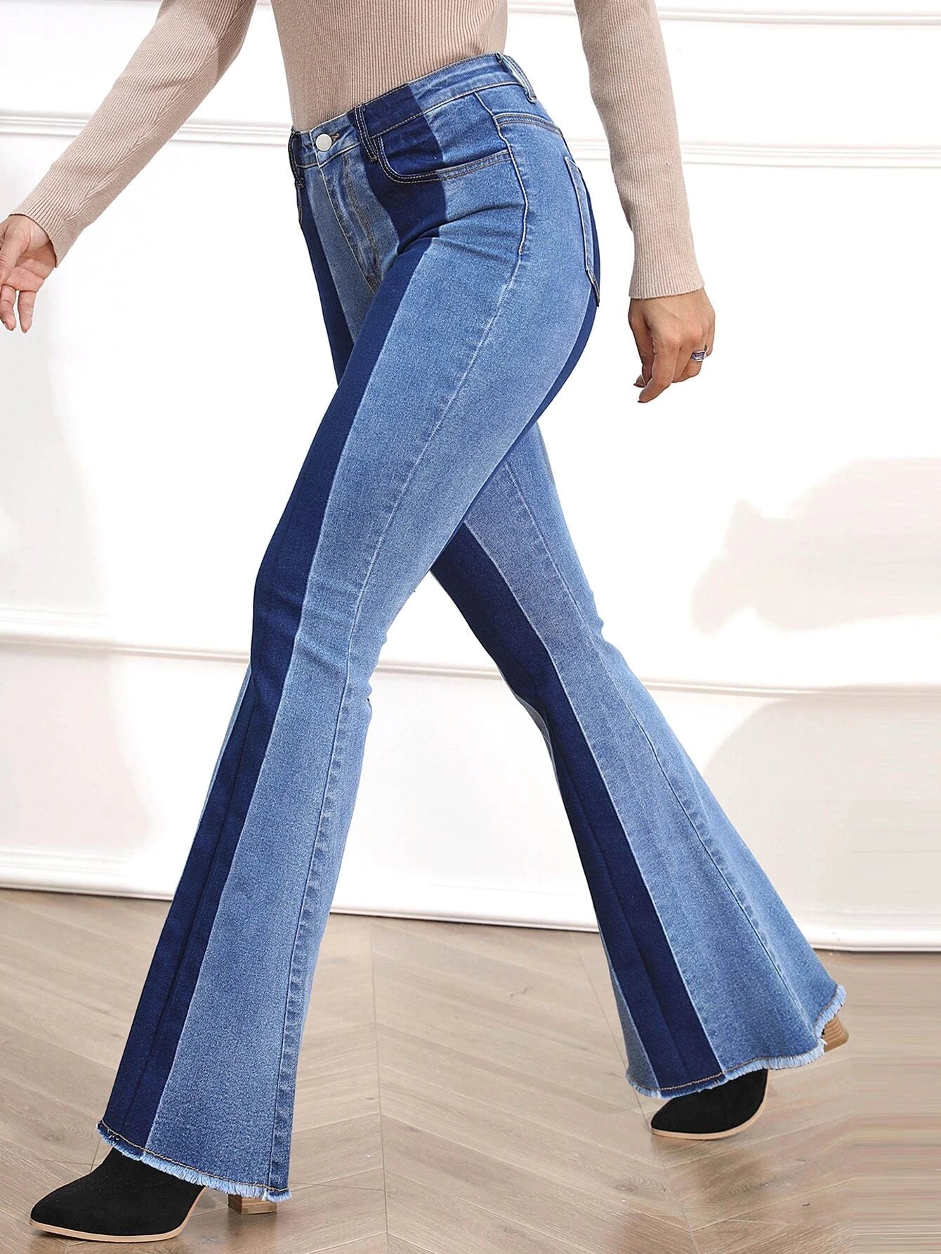 CM-BS846814 Women Preppy Seoul Style High Waist Colorblock Raw Hem Flare Leg Jeans