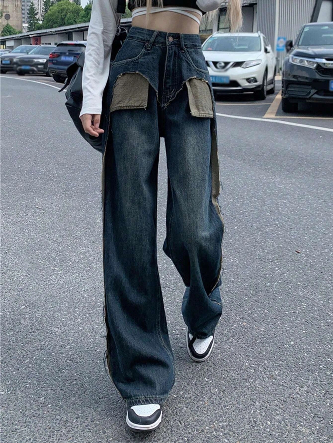 CM-BS927718 Women Preppy Seoul Style Contrast Panel Raw Hem Wide Leg Jeans