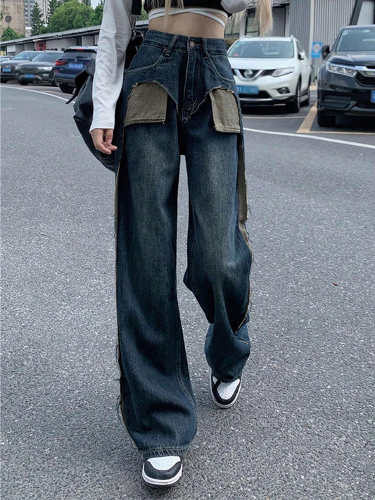 CM-BS927718 Women Preppy Seoul Style Contrast Panel Raw Hem Wide Leg Jeans