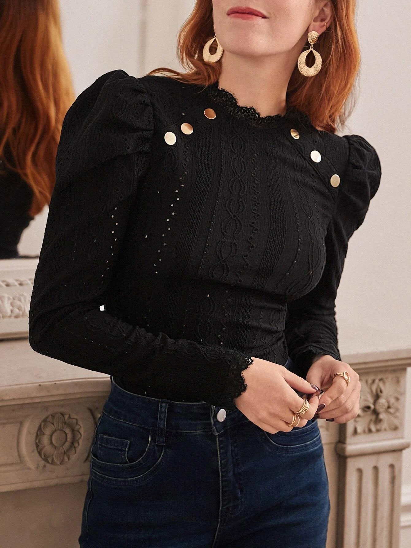CM-TS108896 Women Elegant Seoul Style Button Detail Gigot Sleeve Eyelet Embroidery Bodysuit