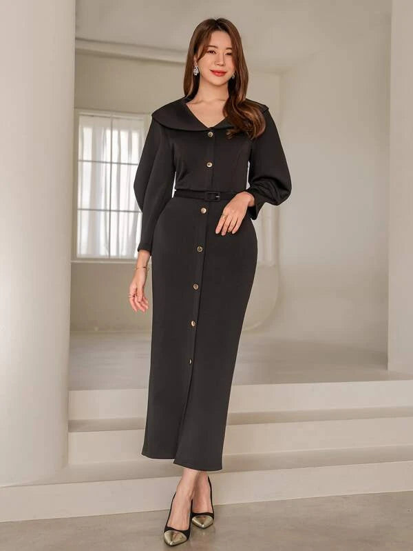 CM-DS354712 Women Elegant Seoul Style Button Front Bishop Sleeve Belted Dress - Black