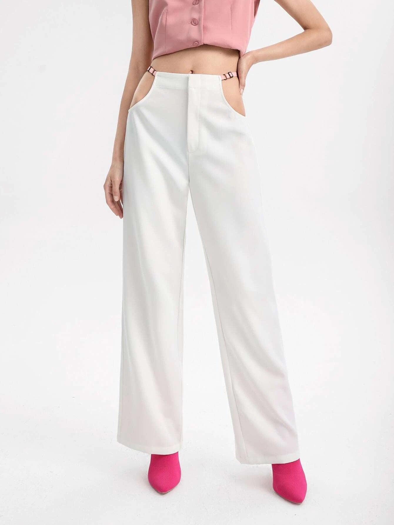 CM-BS139161 Women Casual Seoul Style Cut Out Waist Wide Leg Pants - White