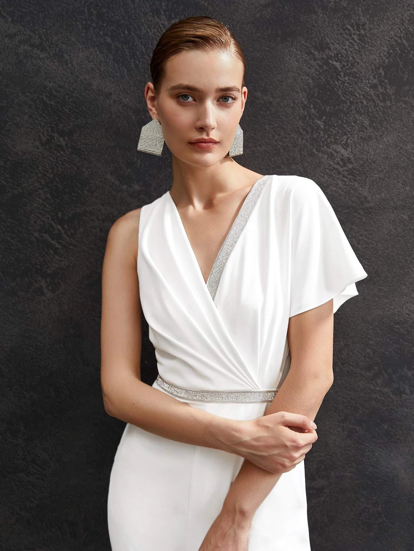CM-JS651109 Women Elegant Seoul Style Glitter Tape Asymmetrical Jumpsuit - White