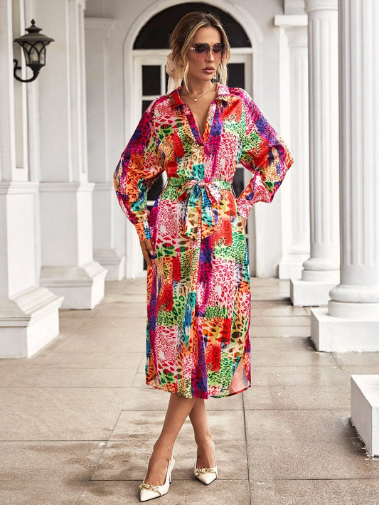 CM-DS842711 Women Casual Seoul Style Allover Print Lantern Sleeve Belted Tunic Dress