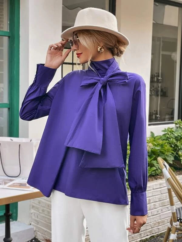 CM-TS466367 Women Elegant Seoul Style Solid Tie Front Long Sleeve Blouse - Purple