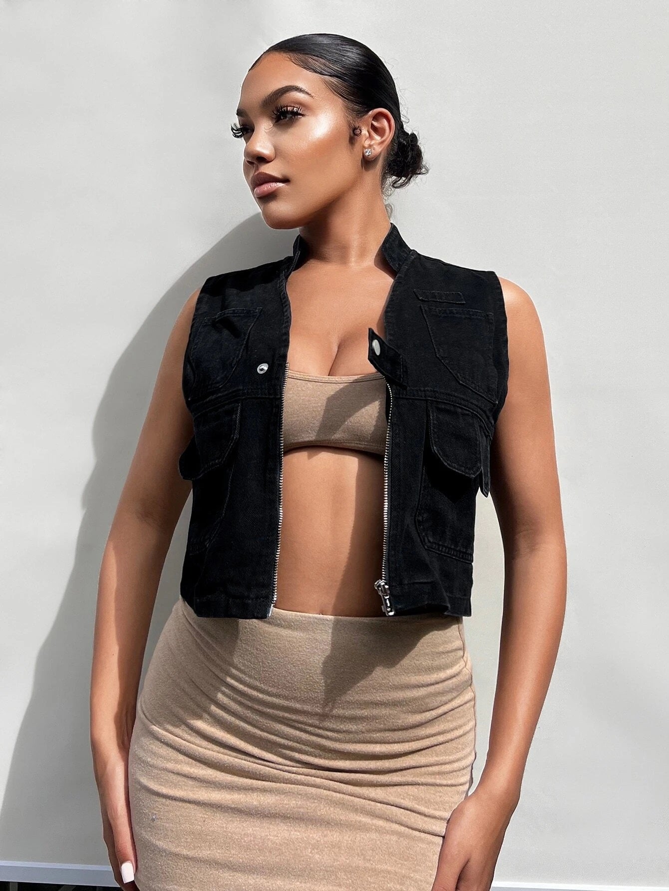 CM-TS340740 Women Casual Seoul Style Sleeveless Flap Pocket Denim Vest Jacket - Black