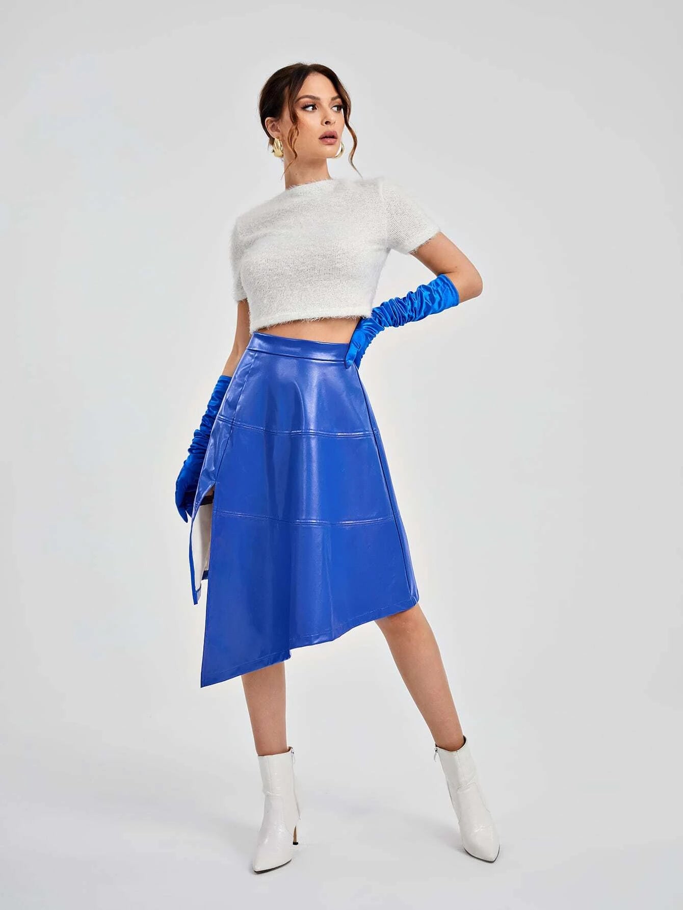 CM-BS178919 Women Elegant Seoul Style High Waist Asymmetrical Hem PU Leather Skirt