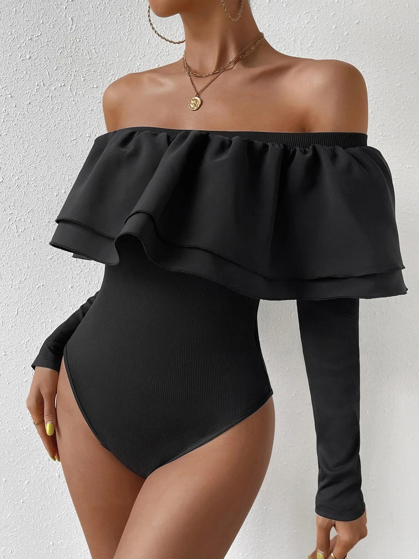 CM-TS645965 Women Casual Seoul Style Off Shoulder Exaggerated Ruffle Bodysuit