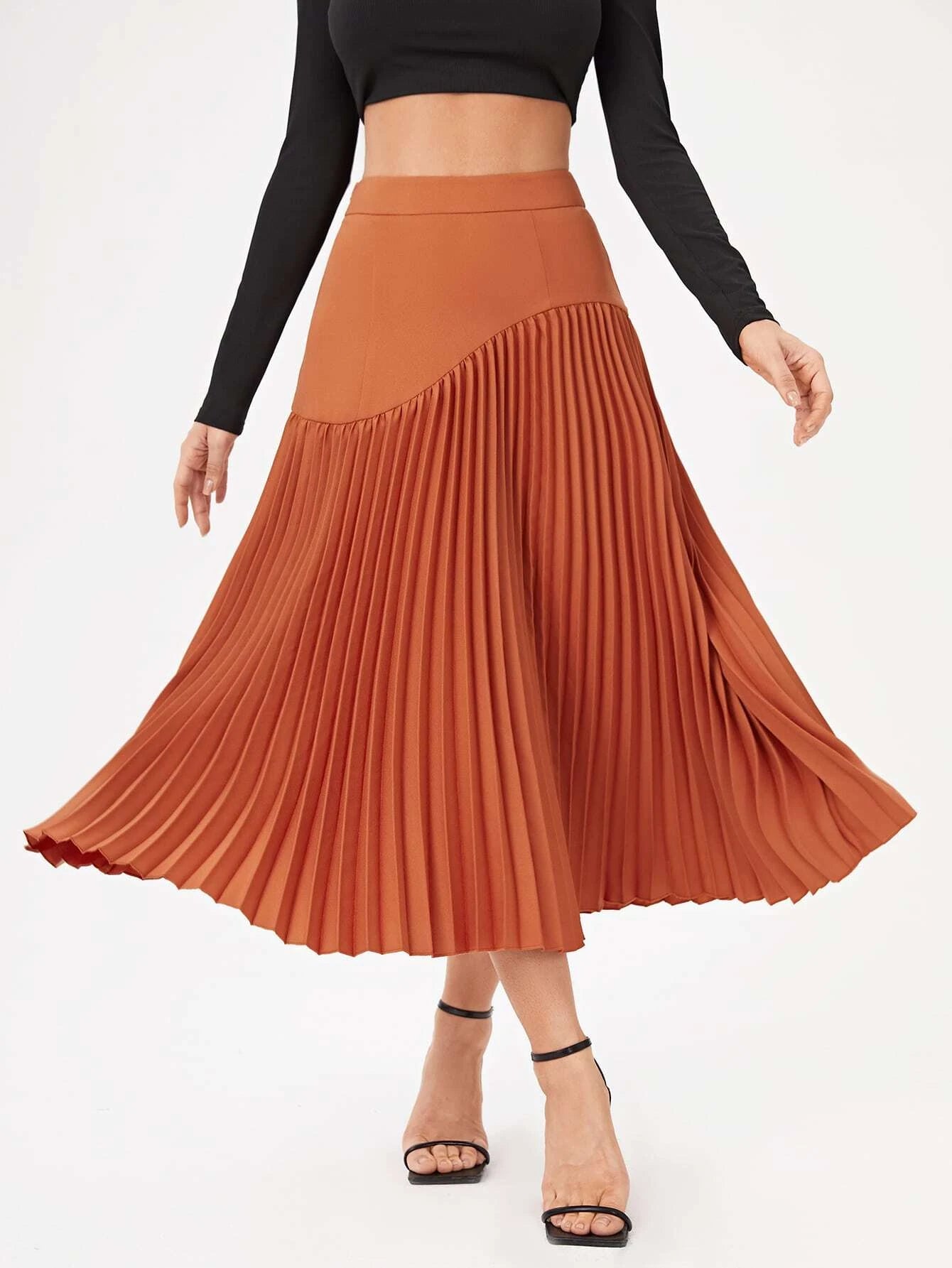 CM-BS142483 Women Elegant Seoul Style Solid High Waist Pleated Skirt - Orange