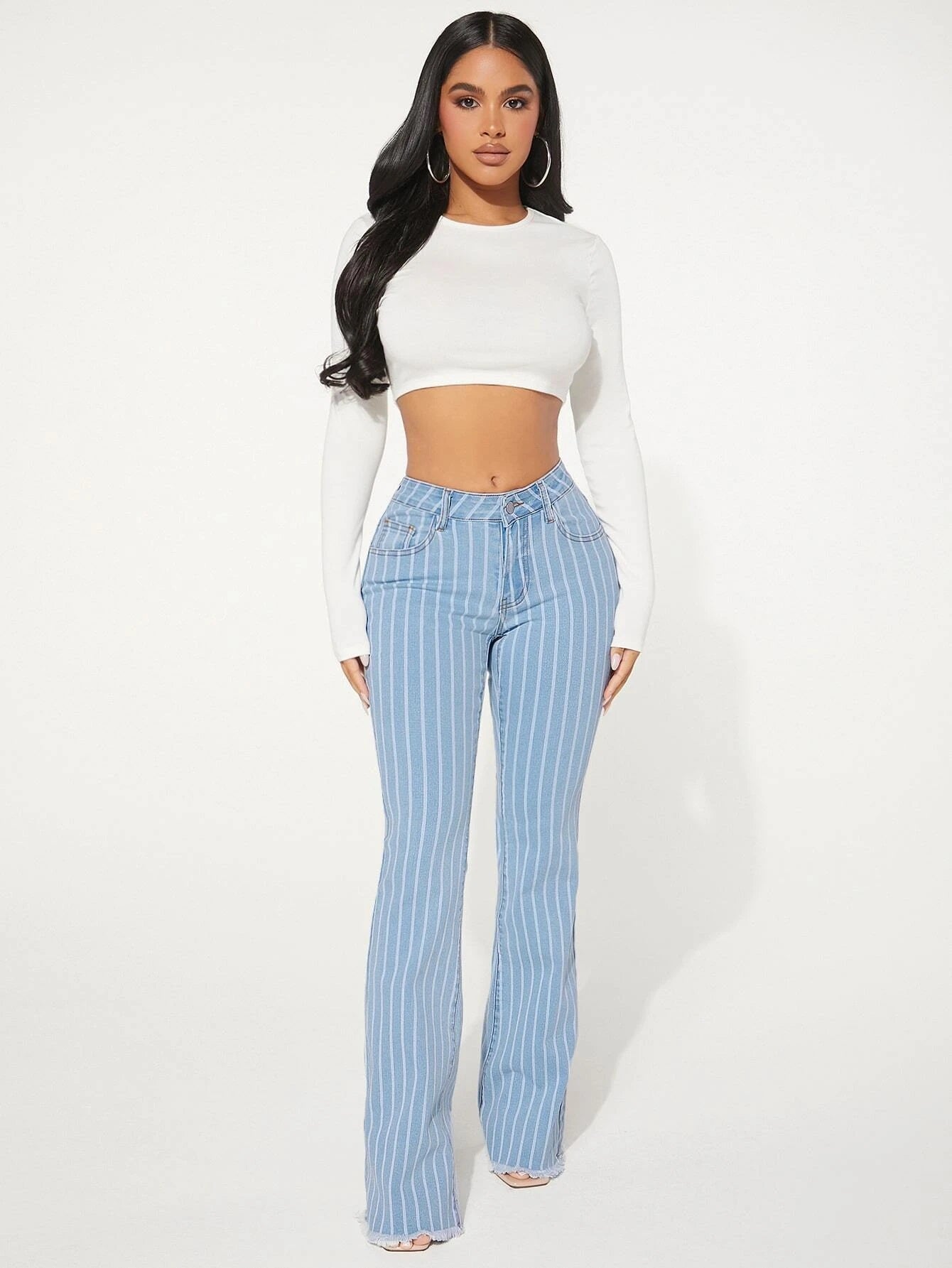 CM-BS342093 Women Preppy Seoul Style Light Wash Drop Waist Striped Pattern Flare Leg Jeans
