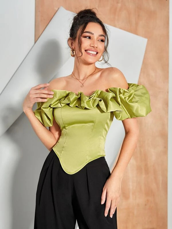 CM-TS761361 Women Elegant Seoul Style Off Shoulder Asymmetrical Hem Top - Lime Green